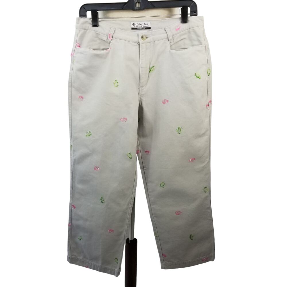 Columbia Khaki Chino Embroidered Green Turtles Pink Seashells Nice Size 6